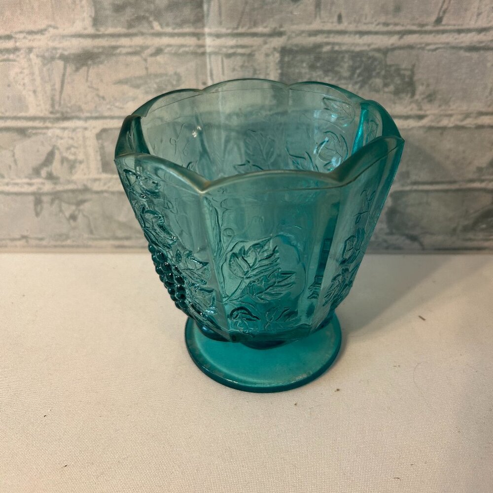 PANELED BOWL AQUA GLASS  COMPOTE GRAPES AND LEAVES DESIGN